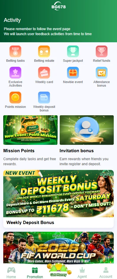 BG678 activity screen showing tasks, rebate, jackpot, attendance and weekly deposit events