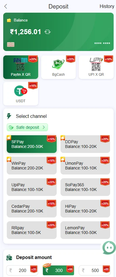 BG678 deposit screen showing Paytm QR, BgCash, UPI QR, USDT and payment channels