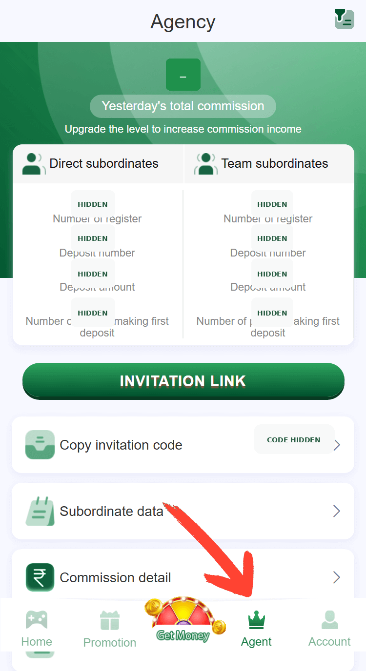 BG678 Game Agency screen with invitation link subordinate data and commission details