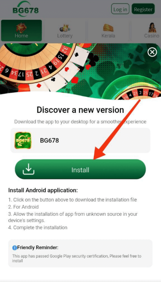 BG678 Game mobile screen showing an Android app installation prompt