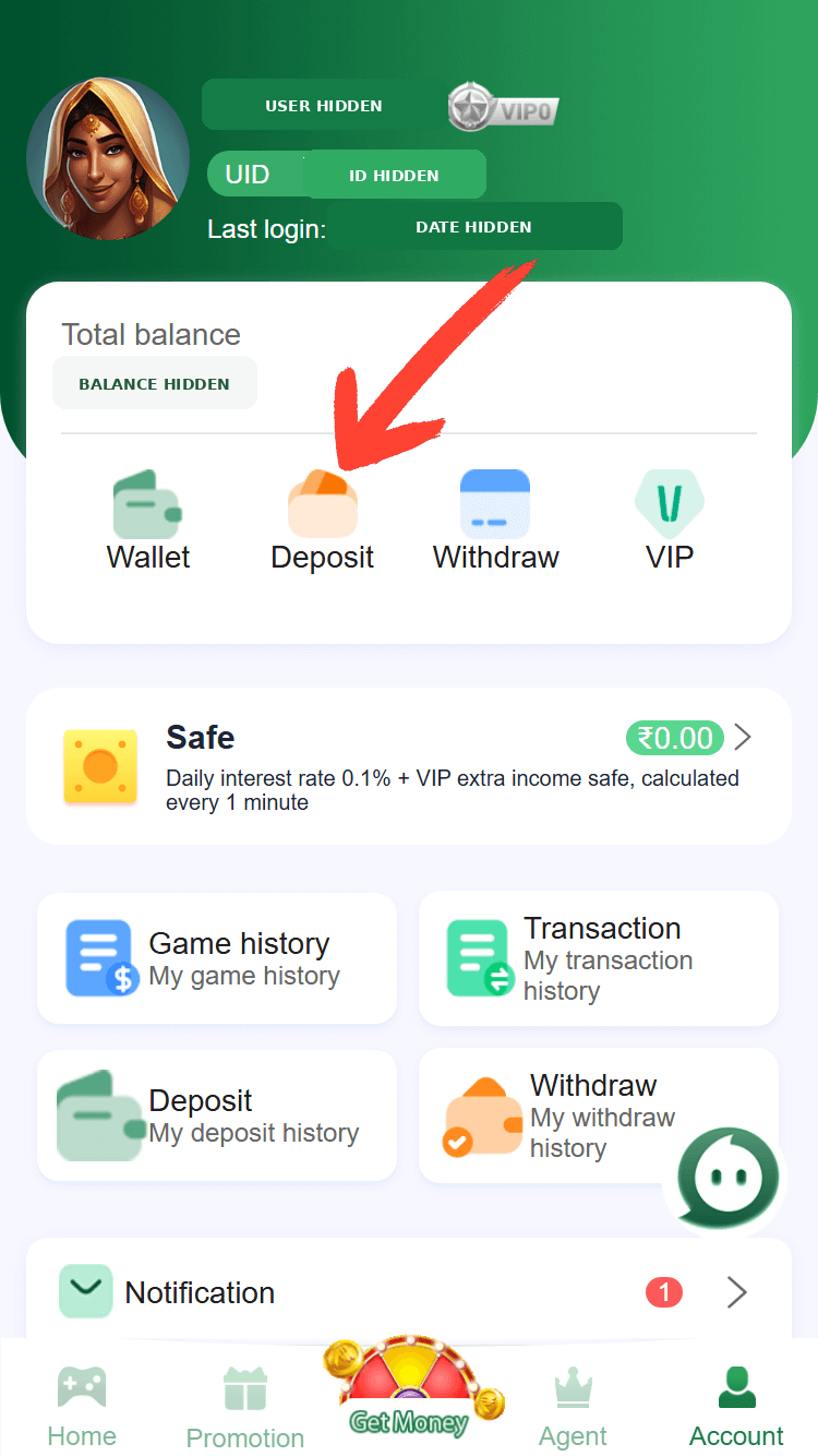 BG678 Game account screen pointing to the Deposit option