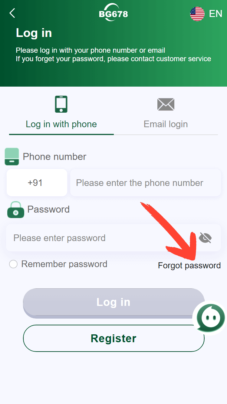 BG678 Game login screen highlighting Forgot password
