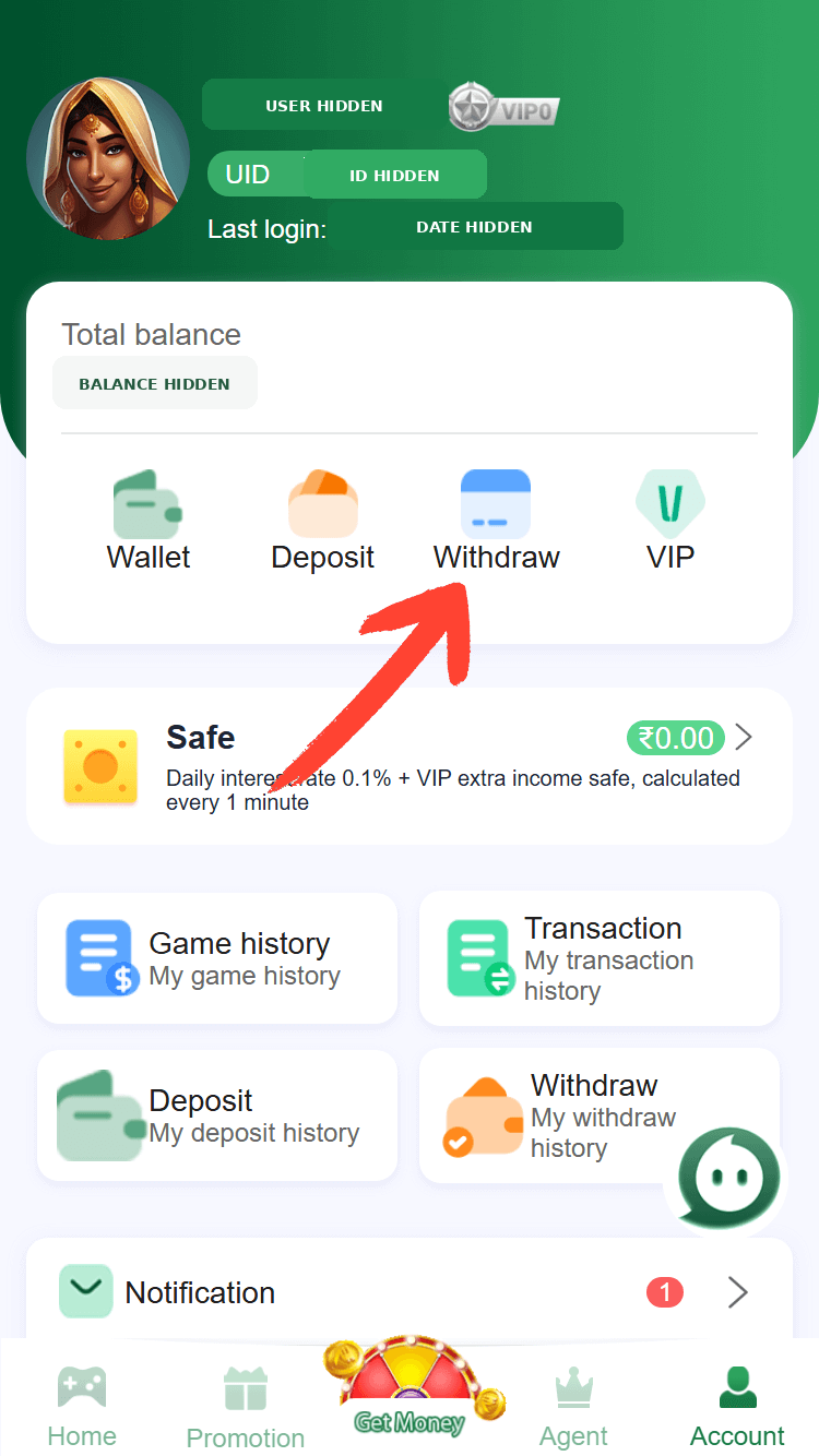 BG678 Game account screen pointing to the Withdrawal option