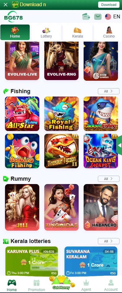 BG678 screen showing casino, fishing, rummy and Kerala lottery games
