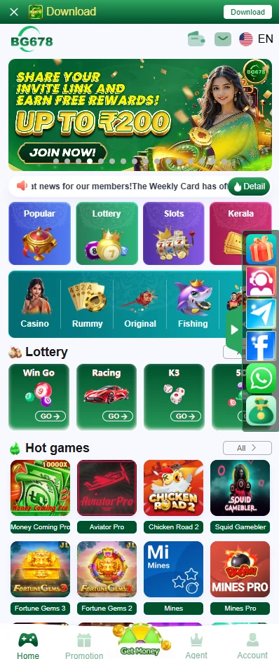 BG678 home lobby with popular, lottery, slots, casino, rummy, fishing and sports categories