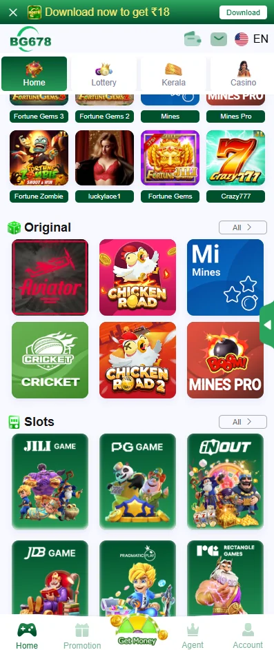 BG678 screen showing Original games and Slots provider sections