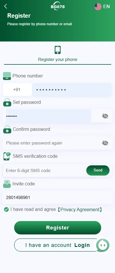 BG678 Game registration screen with phone, password, SMS code, invitation code and agreement
